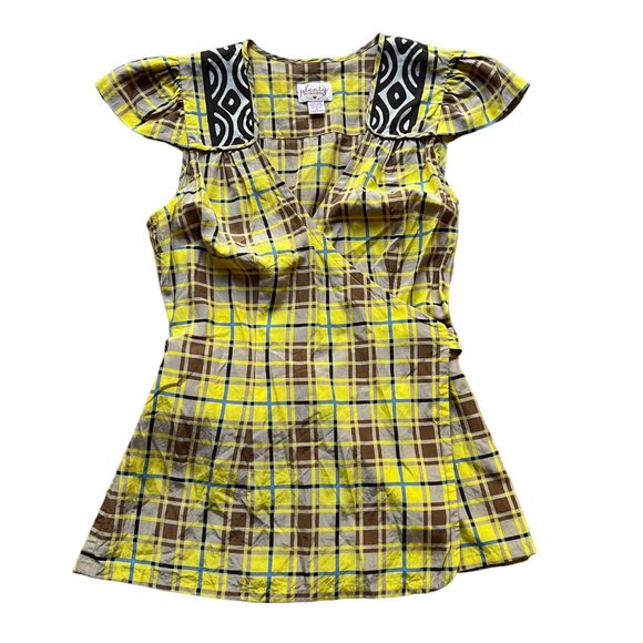 Plenty By Tracy Reese Size 4 Yellow Brown Plaid Silk Blend Cap Sleeve Blouse Top - Picture 1 of 13
